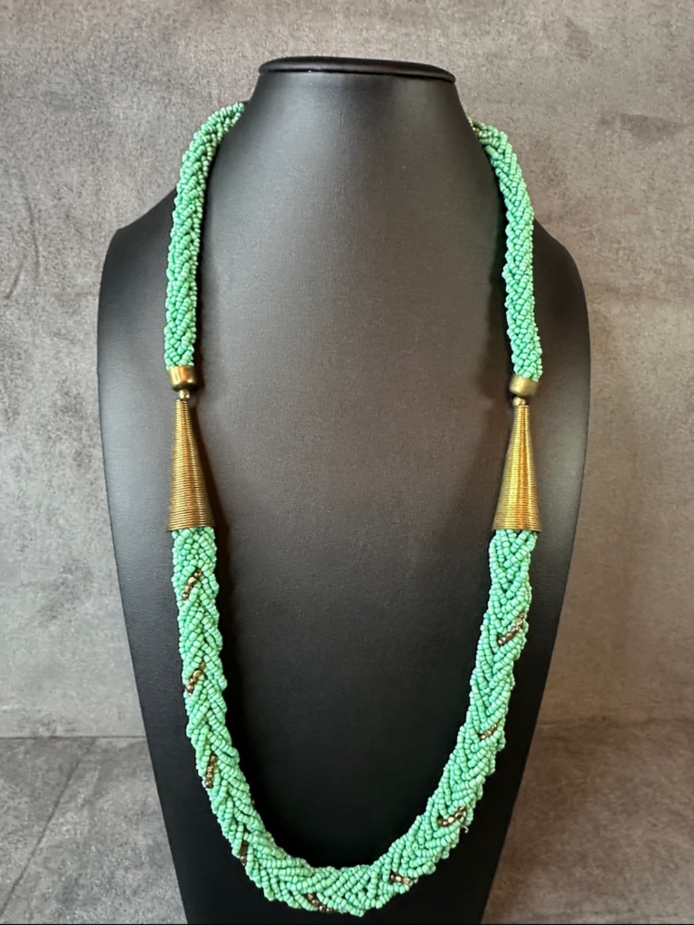 Braided Seed Bead Necklace in Mint Green with Gold Accents